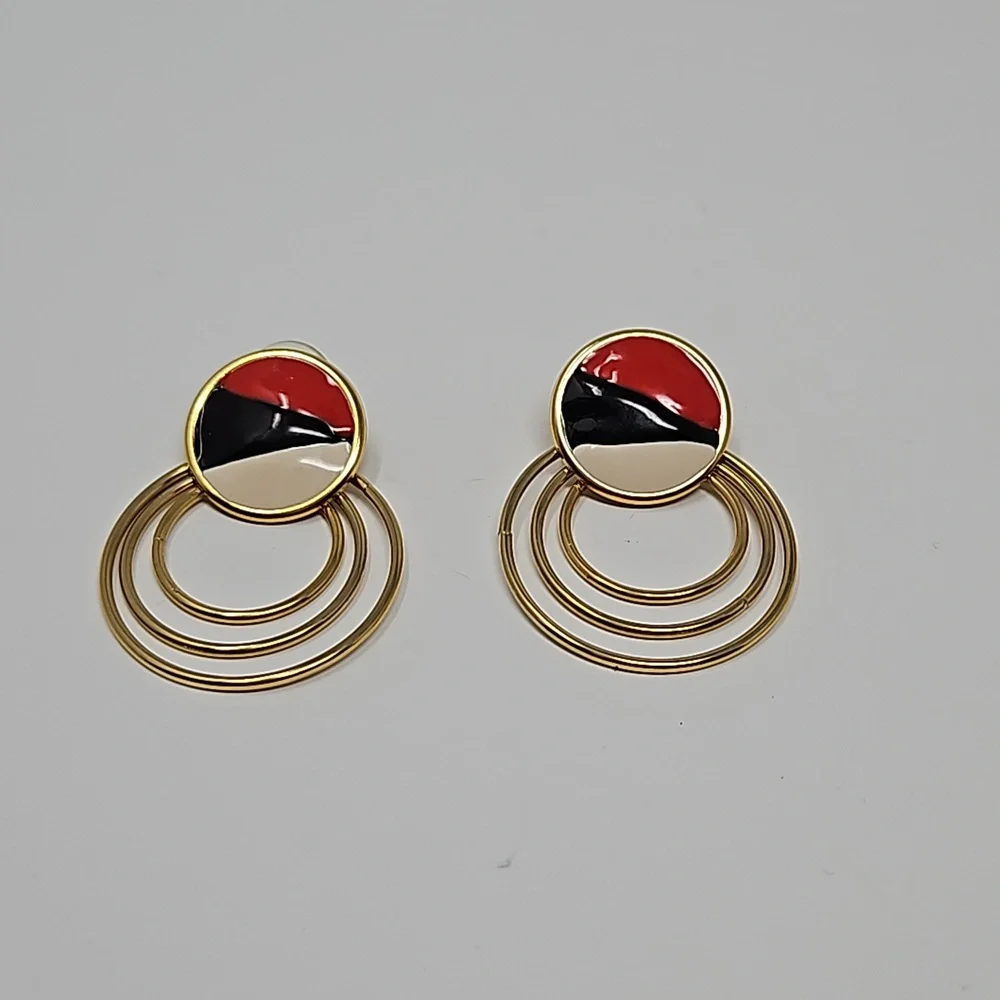Vintage Enamel Circular Dangle Earrings Gold Tone Red Black Cream